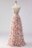 Light Pink Corset Spaghetti Straps A Line Long Prom Dress With Flowers