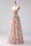 Light Pink Corset Spaghetti Straps A Line Long Prom Dress With Flowers