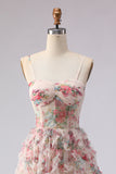 Light Pink Corset Spaghetti Straps A Line Long Prom Dress With Flowers