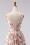 Light Pink Corset Spaghetti Straps A Line Long Prom Dress With Flowers