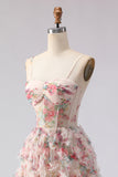 Light Pink Corset Spaghetti Straps A Line Long Prom Dress With Flowers