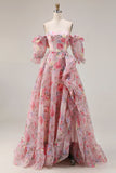 Pink Floral Off the Shoulder A Line Long Prom Dress With Sleeves