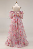 Pink Floral Off the Shoulder A Line Long Prom Dress With Sleeves