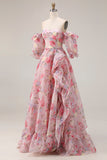 Pink Floral Off the Shoulder A Line Long Prom Dress With Sleeves