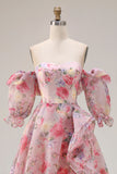 Pink Floral Off the Shoulder A Line Long Prom Dress With Sleeves