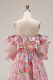 Pink Floral Off the Shoulder A Line Long Prom Dress With Sleeves