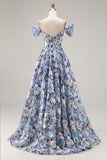 A Line Blue Floral Corset Off the Shoulder Long Prom Dress With Slit
