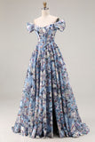 A Line Blue Floral Corset Off the Shoulder Long Prom Dress With Slit