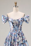 A Line Blue Floral Corset Off the Shoulder Long Prom Dress With Slit