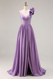 Satin Purple A Line Spaghetti Straps Long Prom Dress With Slit