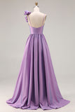 Satin Purple A Line Spaghetti Straps Long Prom Dress With Slit