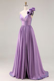 Satin Purple A Line Spaghetti Straps Long Prom Dress With Slit