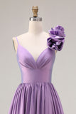 Satin Purple A Line Spaghetti Straps Long Prom Dress With Slit