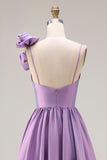 Satin Purple A Line Spaghetti Straps Long Prom Dress With Slit