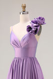 Satin Purple A Line Spaghetti Straps Long Prom Dress With Slit