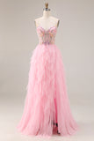 Sweetheart Pink Corset Sequin A Line Tulle Long Prom Dress With Slit