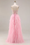 Sweetheart Pink Corset Sequin A Line Tulle Long Prom Dress With Slit