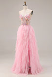 Sweetheart Pink Corset Sequin A Line Tulle Long Prom Dress With Slit