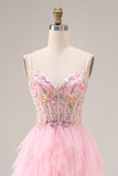 Sweetheart Pink Corset Sequin A Line Tulle Long Prom Dress With Slit