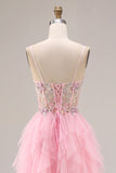 Sweetheart Pink Corset Sequin A Line Tulle Long Prom Dress With Slit