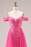 Beaded Fuchsia Flowers Mermaid Off the Shoulder Long Prom Dress