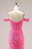 Beaded Fuchsia Flowers Mermaid Off the Shoulder Long Prom Dress