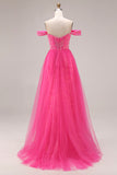 Beaded Fuchsia Flowers Mermaid Off the Shoulder Long Prom Dress