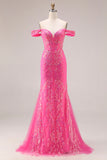 Beaded Fuchsia Flowers Mermaid Off the Shoulder Long Prom Dress