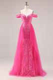 Beaded Fuchsia Flowers Mermaid Off the Shoulder Long Prom Dress