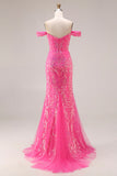 Beaded Fuchsia Flowers Mermaid Off the Shoulder Long Prom Dress