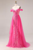 Beaded Fuchsia Flowers Mermaid Off the Shoulder Long Prom Dress