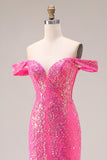 Beaded Fuchsia Flowers Mermaid Off the Shoulder Long Prom Dress