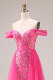Beaded Fuchsia Flowers Mermaid Off the Shoulder Long Prom Dress