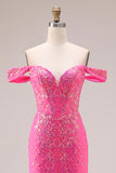 Beaded Fuchsia Flowers Mermaid Off the Shoulder Long Prom Dress