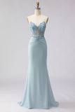 Corset Beaded Blue Flowers Mermaid Spaghetti Straps Long Prom Dress