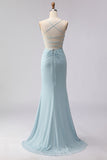 Corset Beaded Blue Flowers Mermaid Spaghetti Straps Long Prom Dress