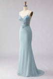 Corset Beaded Blue Flowers Mermaid Spaghetti Straps Long Prom Dress