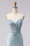 Corset Beaded Blue Flowers Mermaid Spaghetti Straps Long Prom Dress