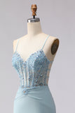 Corset Beaded Blue Flowers Mermaid Spaghetti Straps Long Prom Dress