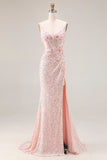 Mermaid Corset Beaded Pink Flowers Spaghetti Straps Long Prom Dress With Slit