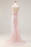 Mermaid Corset Beaded Pink Flowers Spaghetti Straps Long Prom Dress With Slit