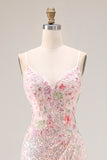 Mermaid Corset Beaded Pink Flowers Spaghetti Straps Long Prom Dress With Slit