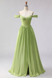 Off the Shoulder Green Corset A Line Long Prom Dress With Slit