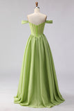 Off the Shoulder Green Corset A Line Long Prom Dress With Slit