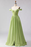 Off the Shoulder Green Corset A Line Long Prom Dress With Slit