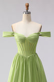 Off the Shoulder Green Corset A Line Long Prom Dress With Slit