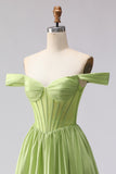 Off the Shoulder Green Corset A Line Long Prom Dress With Slit