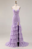 Mermaid Purple Appliques Tiered A Line Long Prom Dress With Slit