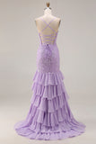 Mermaid Purple Appliques Tiered A Line Long Prom Dress With Slit