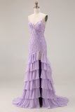 Mermaid Purple Appliques Tiered A Line Long Prom Dress With Slit